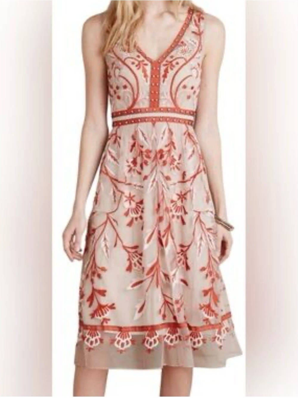 Anthropologie | Embroidered V-Neck Sleeveless Midi Dress in Blush and Coral